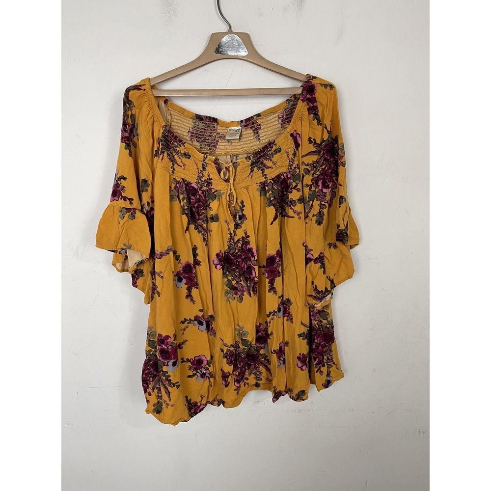 Terra & Sky Mustard Yellow Floral Smocked Boho Blouse Plus Size 3X 24W-26W